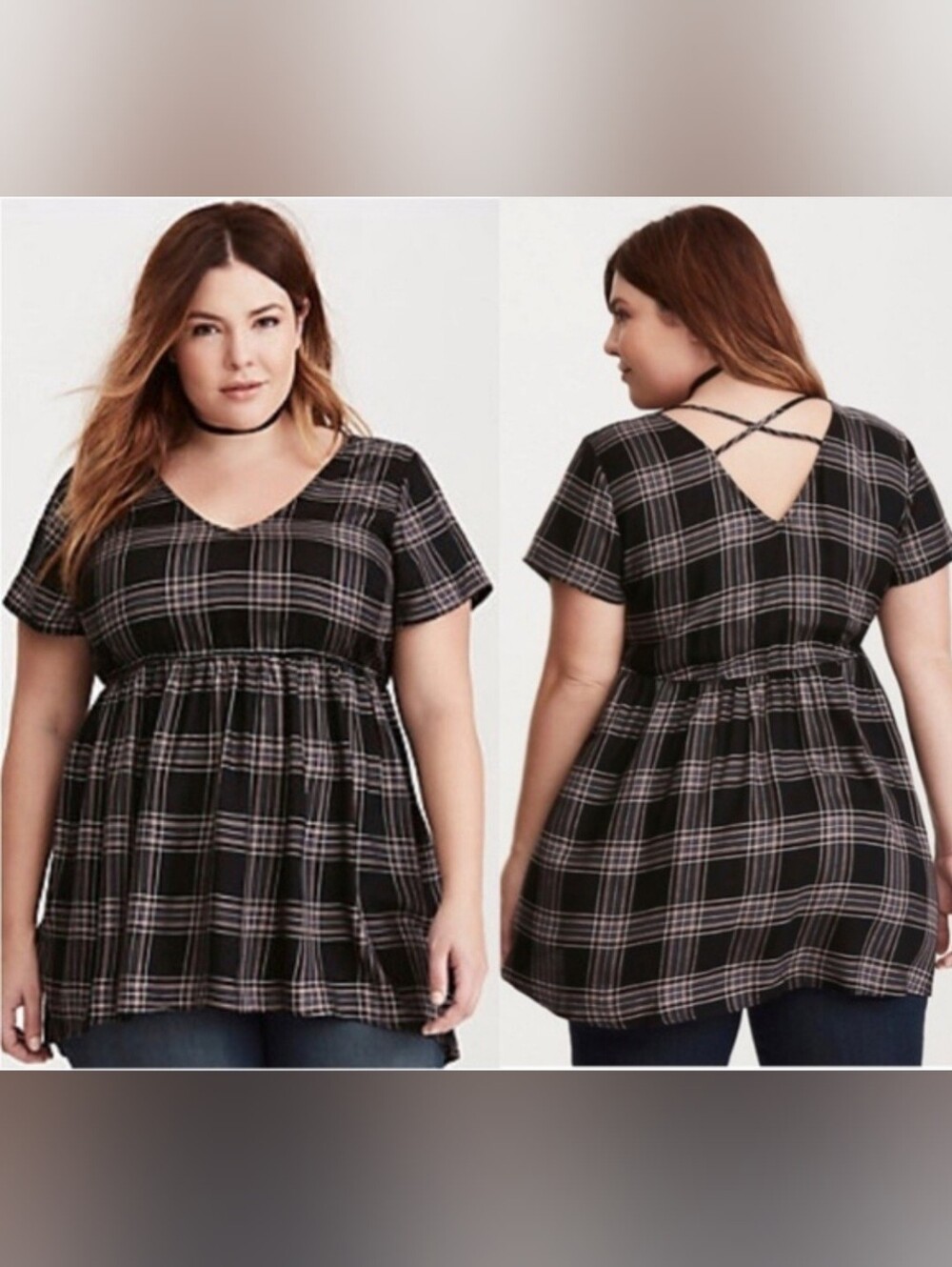 Babydoll Black Plaid Whimsygoth Vampy Empire Waist Crisscross Back Tunic Top